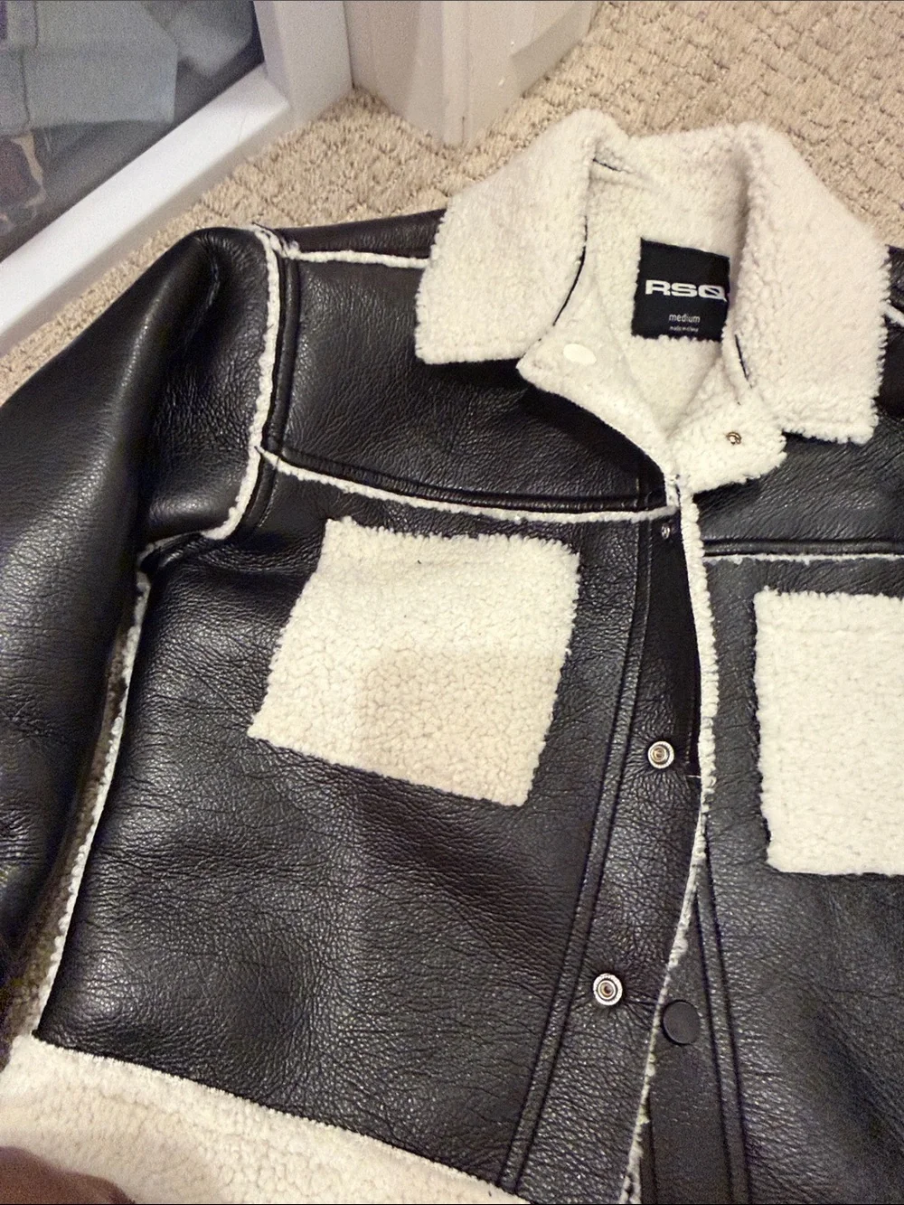 RSQ Black Faux Leather Bomber Jacket with White Sherpa Trim